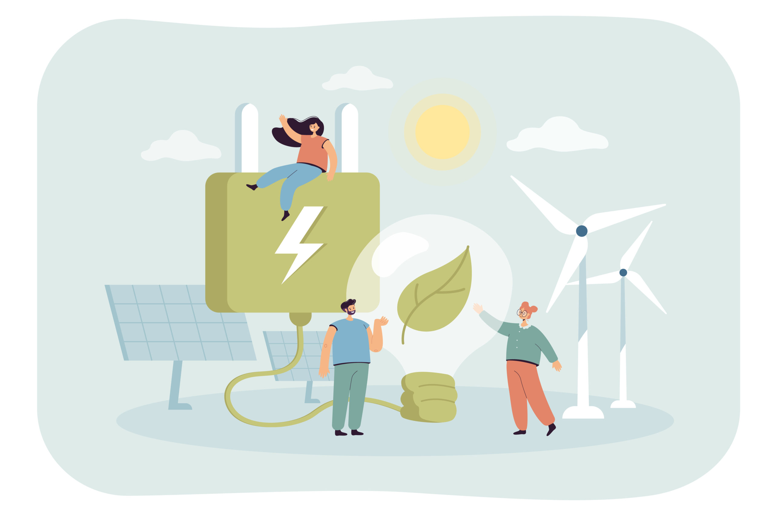 Tiny characters in village with windmills and solar panels
