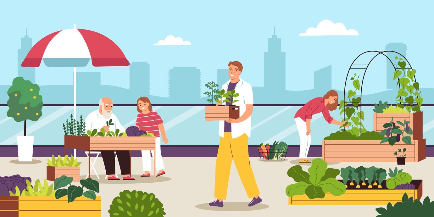 community-garden-city-flat-background-with-people-decorating-street-cafe-with-plants-flowers-vector-illustration_1284-83181